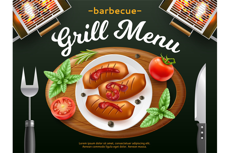 bbq-grill-menu-cover-glowing-coals-top-view-plate-kitchen-appliance