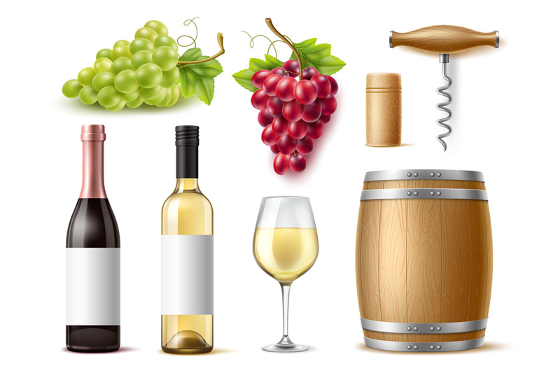 realistic-wine-noble-alcoholic-beverage-elements-juicy-grape-cluster