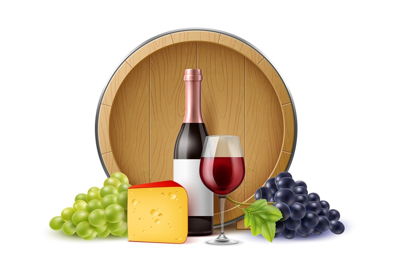 realistic-wine-grape-composition-still-life-on-wooden-barrel-backgrou