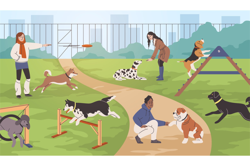 dog-training-process-owners-walk-their-pets-on-dog-playground-with-si