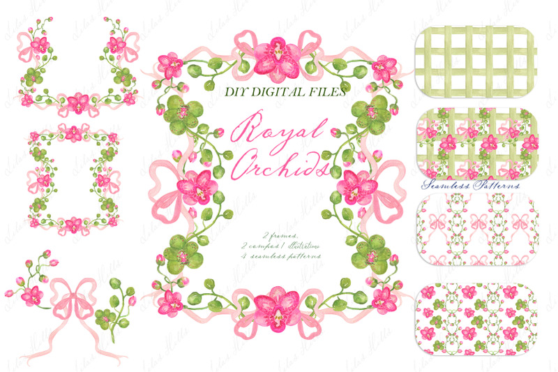 pink-green-orchids-bow-gingham-green-diy-digital-paper-frames-waterco