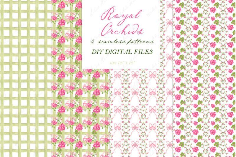 pink-green-orchids-bow-gingham-green-diy-digital-paper-frames-waterco