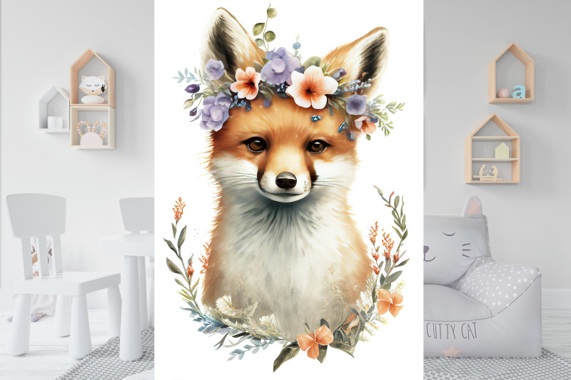 print-set-of-8-watercolor-baby-animals-with-floral-crown-woodland-prin