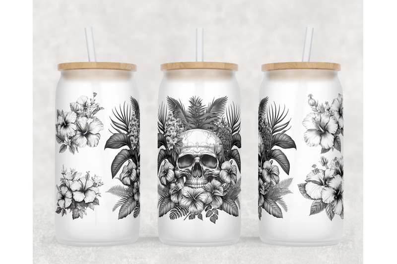 floral-skull-libbey-glass-can-wraps-16oz-glass-can-sublimation-design