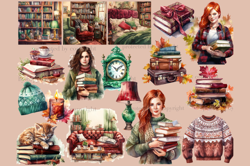 autumn-clipart-bundle-reading-illustrations-collection