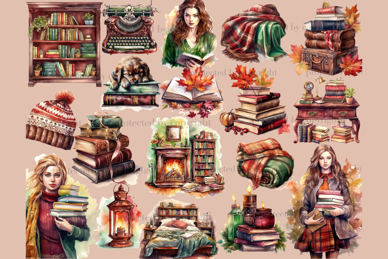 autumn-clipart-bundle-reading-illustrations-collection