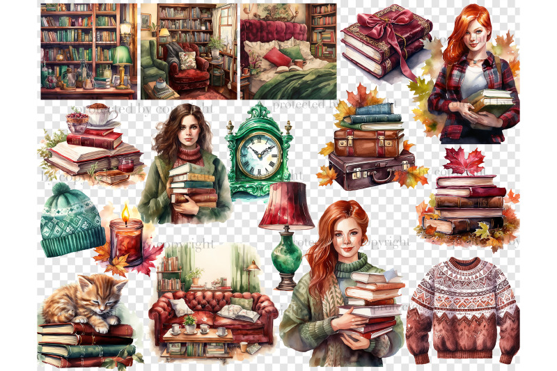 autumn-clipart-bundle-reading-illustrations-collection