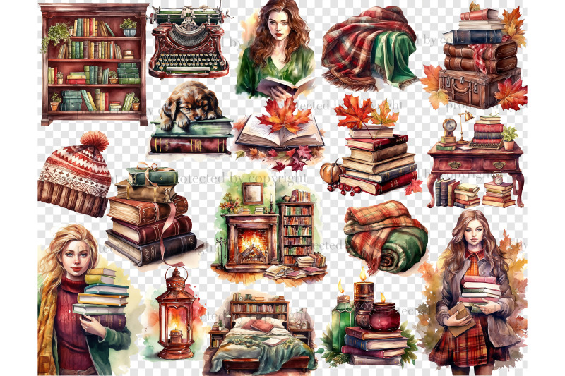 autumn-clipart-bundle-reading-illustrations-collection