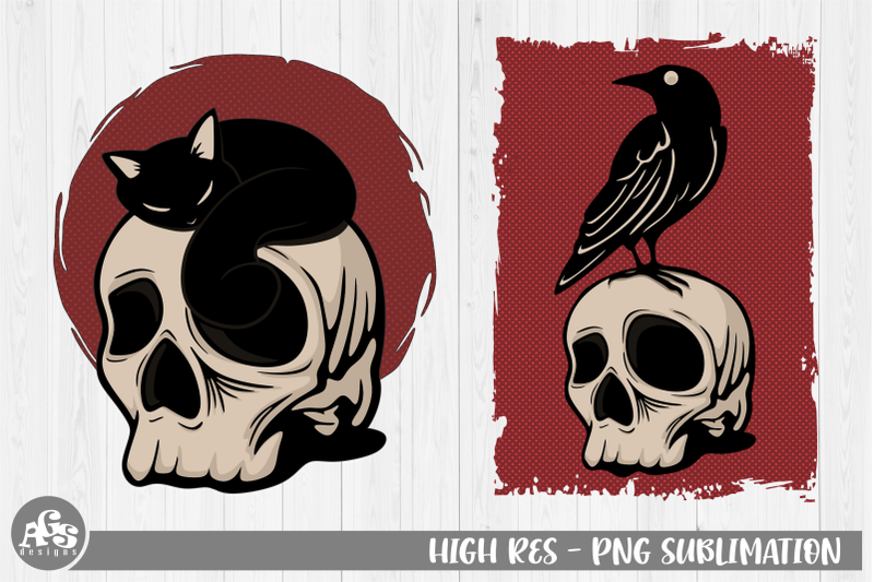 cat-amp-raven-on-skull-helloween-png-sublimation-design