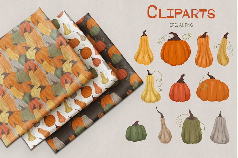 pumpkins-vector-patterns-and-cliparts-set