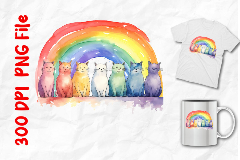 row-of-cats-and-rainbow-watercolor