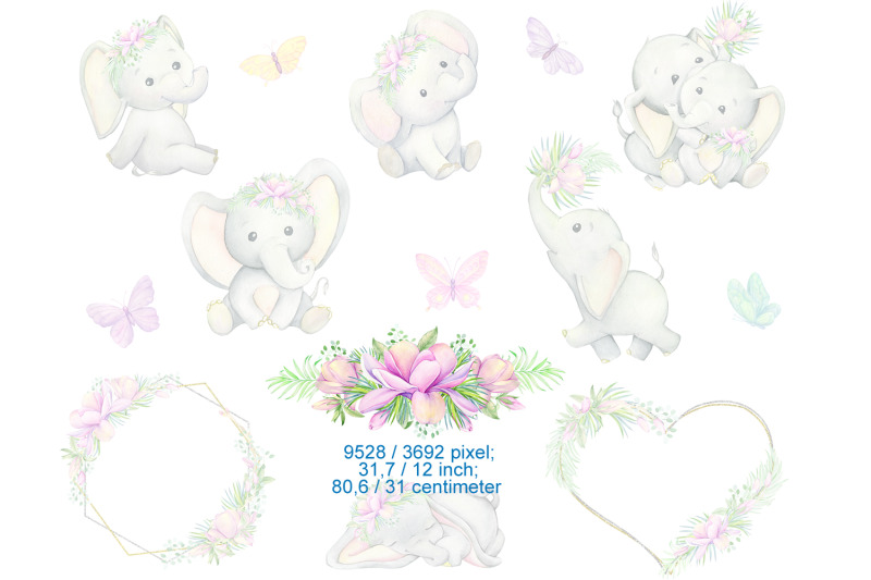 baby-elephant-watercolor-clipart-girl-wall-art-pink-flowers-butterf