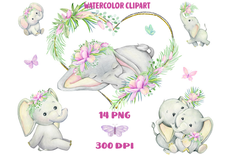 baby-elephant-watercolor-clipart-girl-wall-art-pink-flowers-butterf