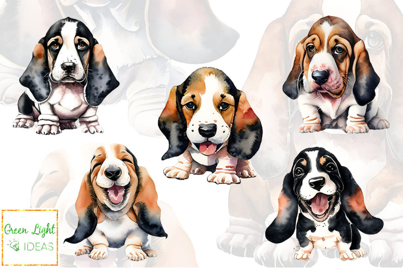 cute-basset-hound-puppy-dog-clipart-watercolor-dog-illustrations