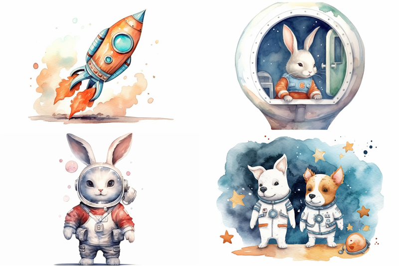 space-animals-watercolor-collection