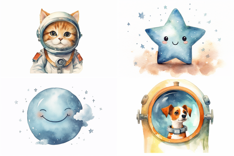 space-animals-watercolor-collection