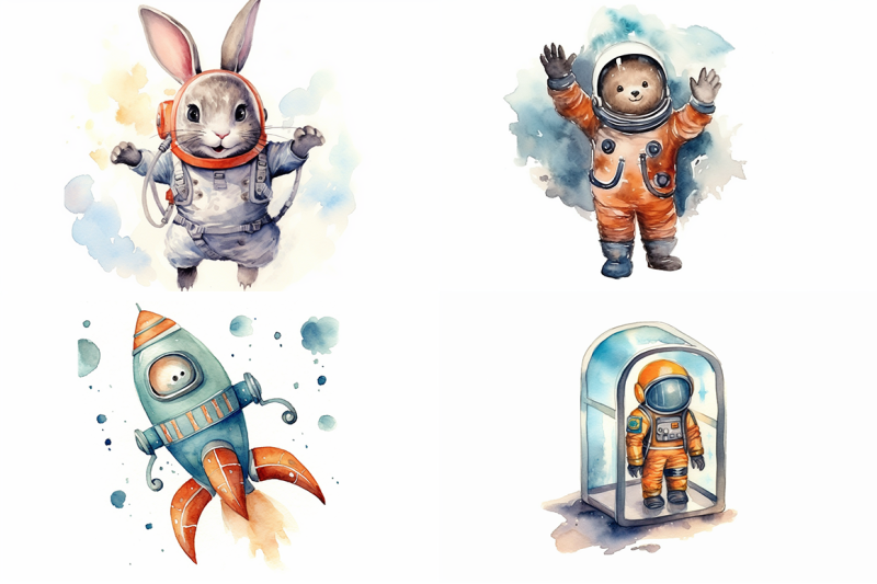 space-animals-watercolor-collection