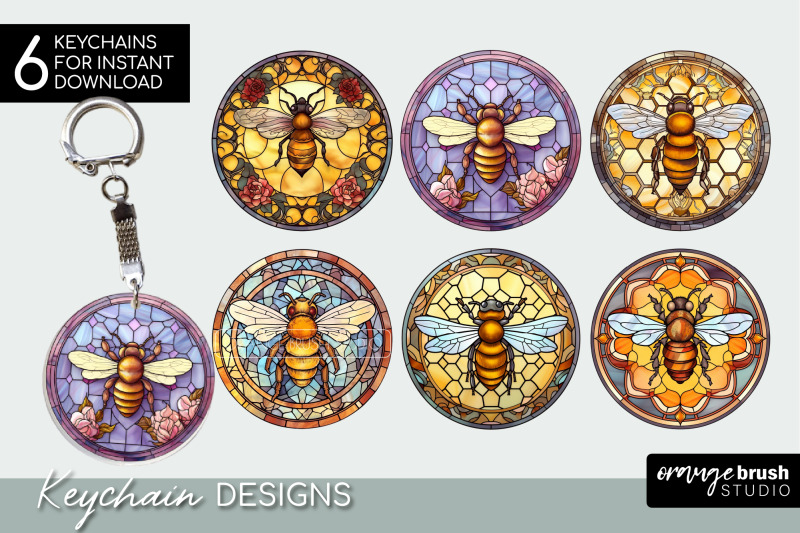 honey-bee-keychain-bundle-stained-glass-sublimation-png