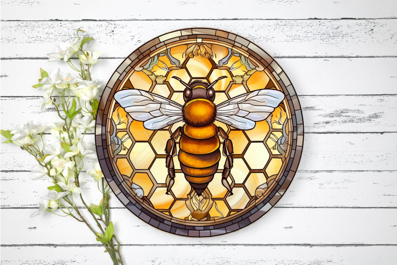 honey-bee-round-sublimation-stained-glass-background