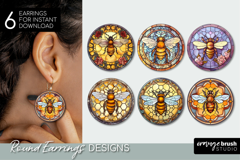 honey-bee-round-earrings-bundle-stained-glass-sublimation