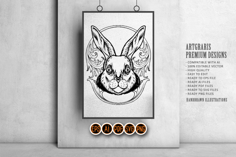 engraved-delight-adorable-bunny-with-vintage-frame-monochrome