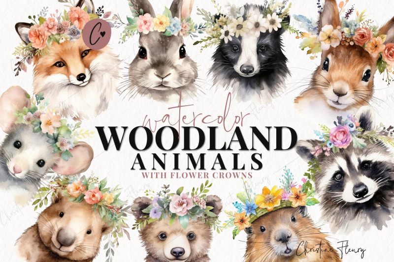 watercolor-woodland-animals-with-flower-crowns-clipart