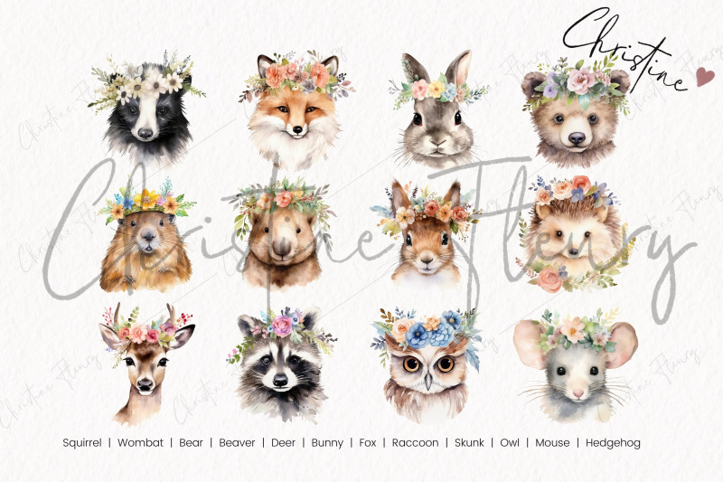 watercolor-woodland-animals-with-flower-crowns-clipart