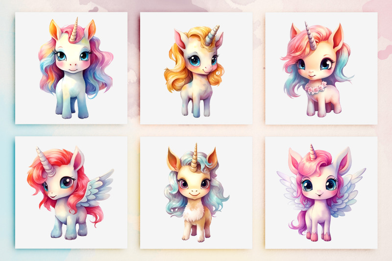 30-baby-unicorn-watercolor-clipart-png-bundle-cute-rainbow
