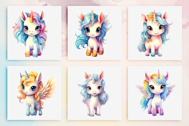 30-baby-unicorn-watercolor-clipart-png-bundle-cute-rainbow