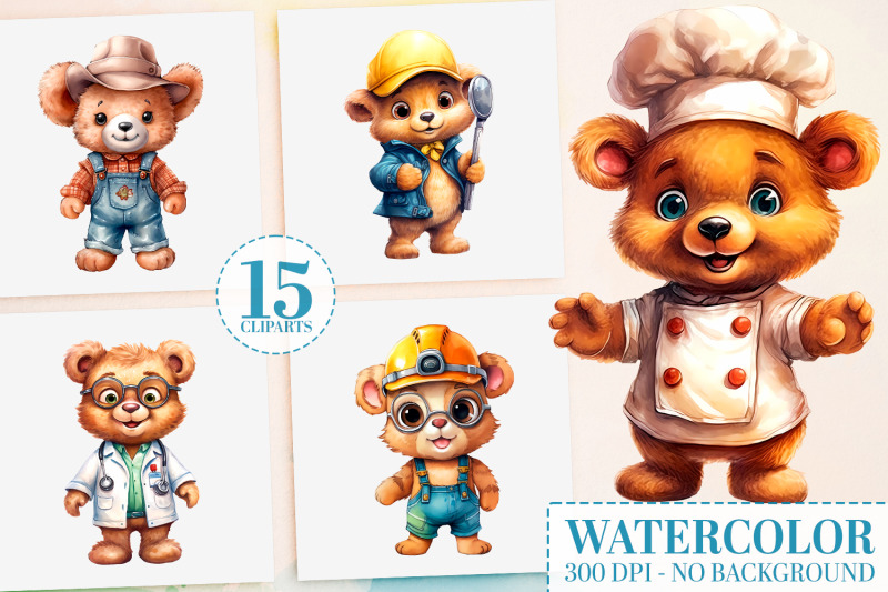 career-teddy-bear-watercolor-clipart-15-png-bundle