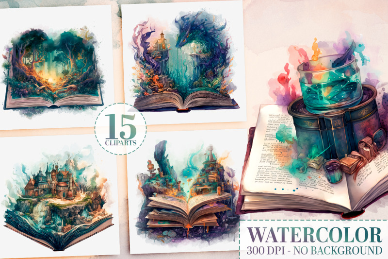 15-watercolor-fantasy-book-clipart-vintage-magical-book-png