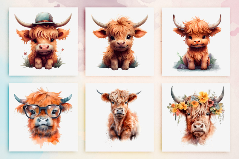 30-watercolor-highland-cow-clipart-nursery-wall-art-png