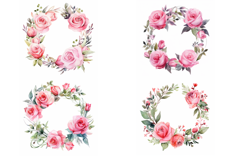 pink-roses-wreaths-watercolor-collection