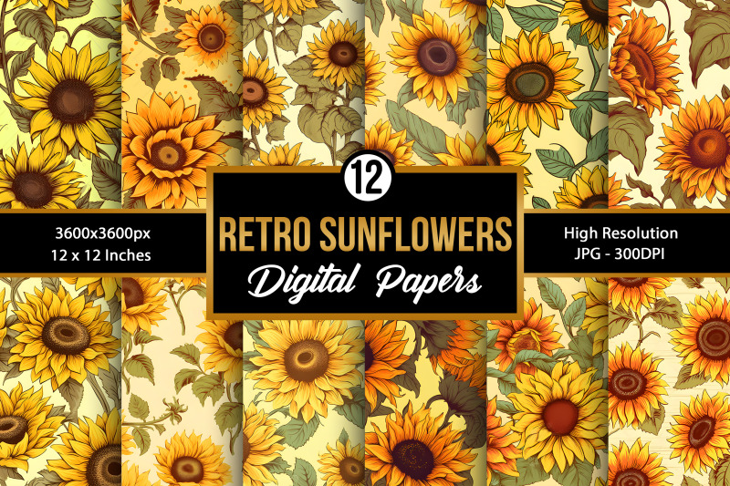 retro-sunflowers-seamless-pattern-sunflowers-digital-papers