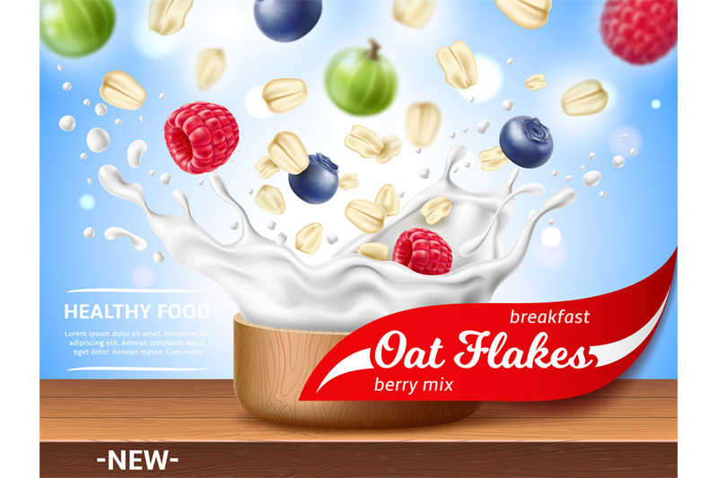 realistic-oatmeal-flakes-poster-grains-and-berries-in-milk-splash-ra