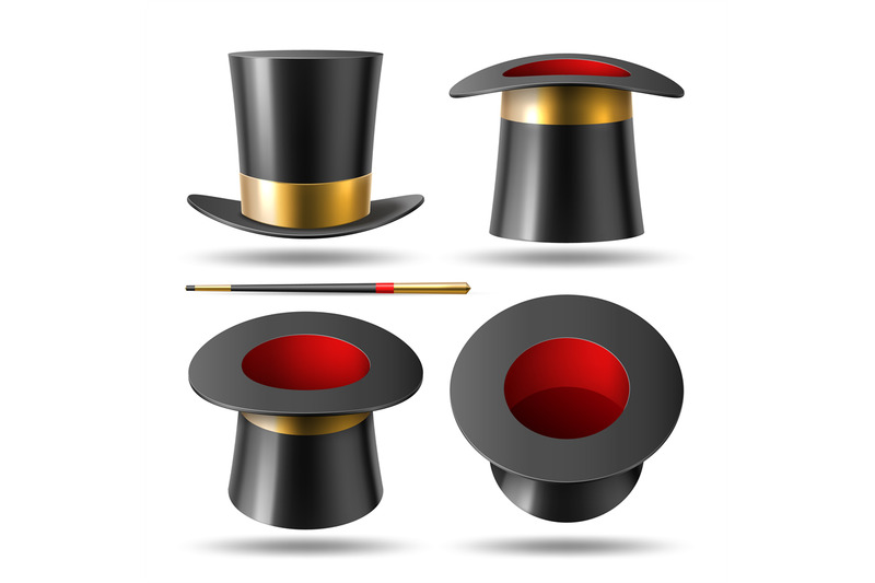 magician-hat-and-wand-3d-illusionist-black-cylinder-different-angles