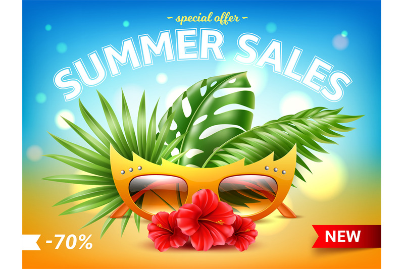 sunglasses-sale-summer-poster-realistic-beach-glasses-in-funny-frame