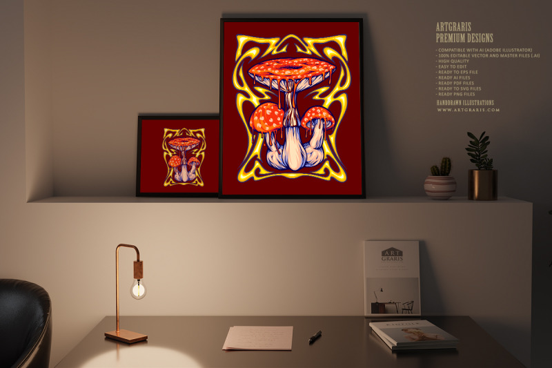 melting-amanita-mushrooms-with-hallucinogenic-nouveau-frame-illustrati