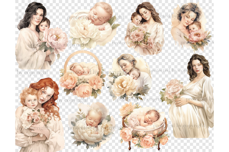 baby-shower-clipart-bundle-png-mom-and-baby-illustrations