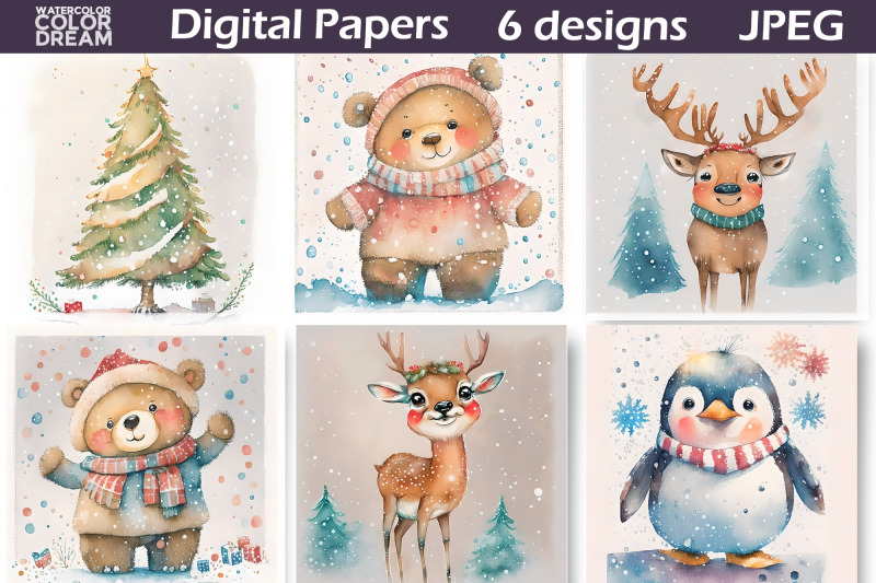 nbsp-christmas-animals-digital-paper-watercolor-christmas-nbsp-illustration
