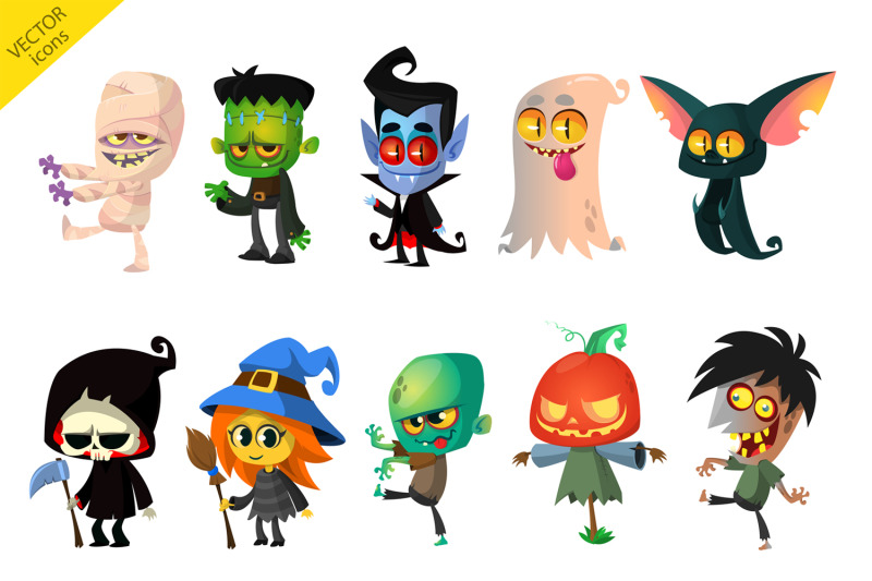 cartoon-halloween-characters-set-vector