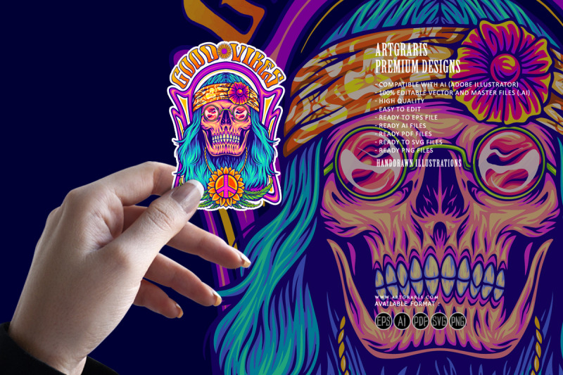 human-skull-dressing-bohemian-hippie-style-good-vibes-illustrations