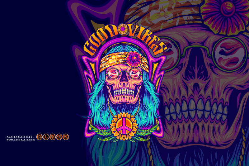 human-skull-dressing-bohemian-hippie-style-good-vibes-illustrations