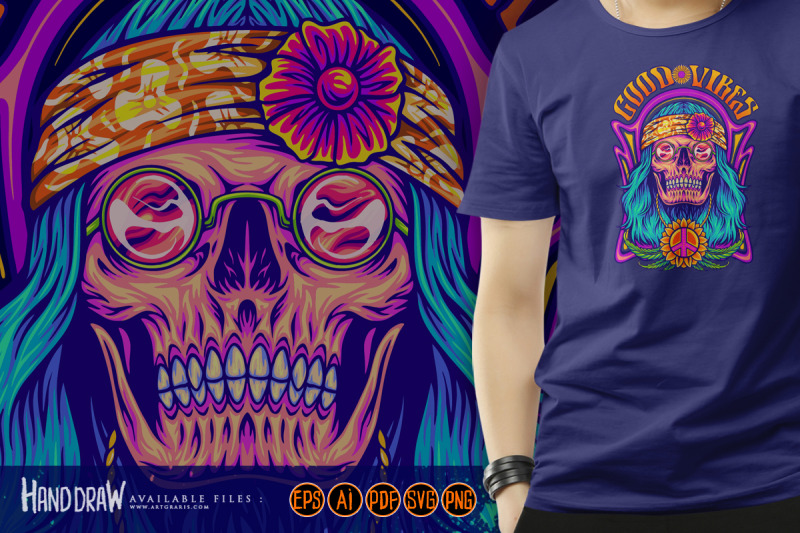 human-skull-dressing-bohemian-hippie-style-good-vibes-illustrations