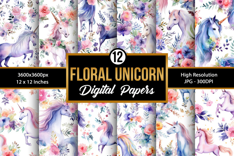 watercolor-floral-unicorn-digital-papers-unicorn-seamless-pattern