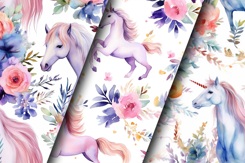 watercolor-floral-unicorn-digital-papers-unicorn-seamless-pattern