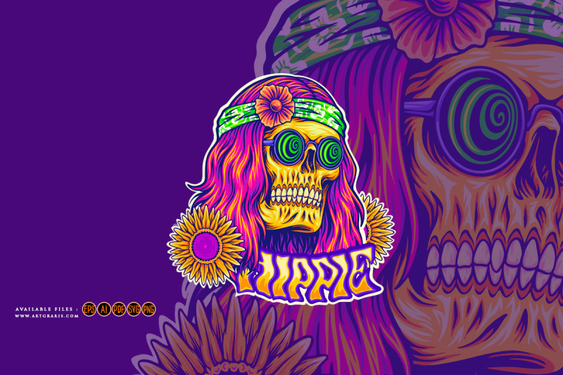 trippy-skull-dressing-bohemian-style-hippie-illustrations