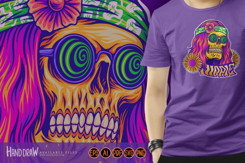 trippy-skull-dressing-bohemian-style-hippie-illustrations