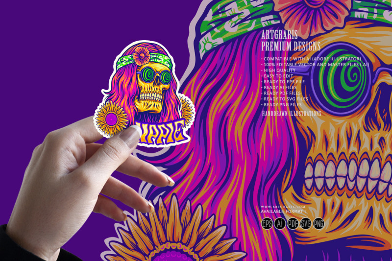 trippy-skull-dressing-bohemian-style-hippie-illustrations