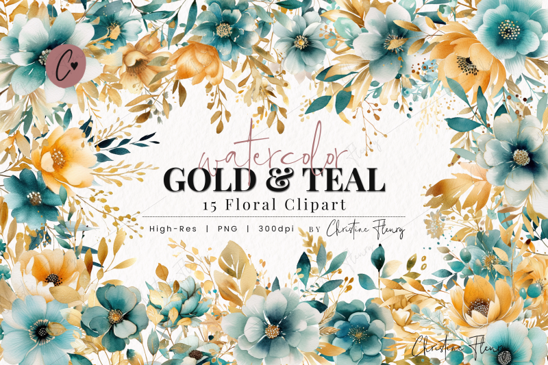 watercolor-gold-amp-teal-floral-clipart